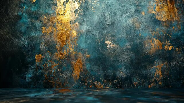 Abstract wall and floor with a blue and orange pattern in a studio background