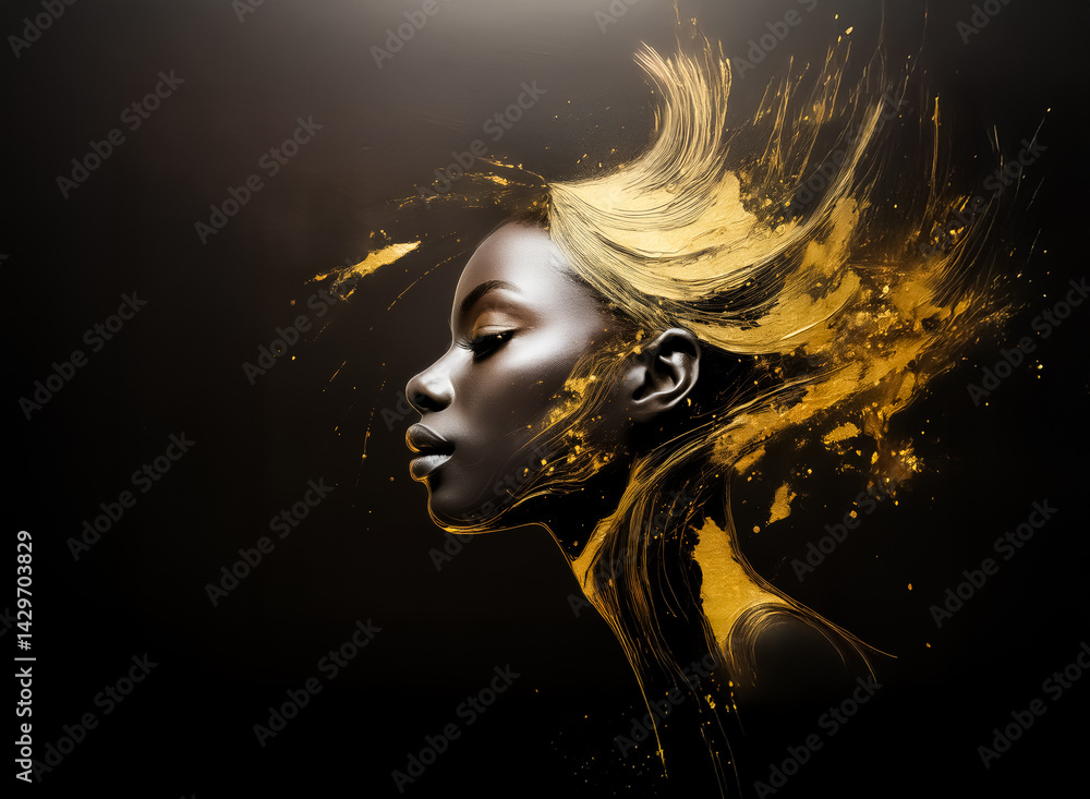 Poster elegant profile of a person with golden paint effect. gold dust and splash creates artistic flair ag