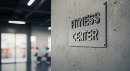Concrete wall signage reading "Fitness Center" inside a modern gym, ideal for wellness marketing, gym membership advertisements, or health club promotions.