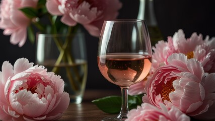  trending stock photo of close up glasses of rose wine and peony flowers for still life design use 