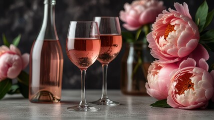  trending stock photo of close up glasses of rose wine and peony flowers for still life design use 