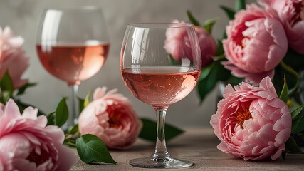  trending stock photo of close up glasses of rose wine and peony flowers for still life design use 