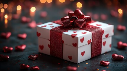 A white gift box is decorated with red hearts on a pink background, creating a romantic atmosphere perfect for Valentine's Day, anniversaries, or Mother's Day.