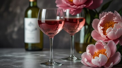  trending stock photo of close up glasses of rose wine and peony flowers for still life design use 