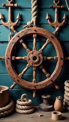 Distressed wooden ship wheel with ropes and anchors , anchor, wood