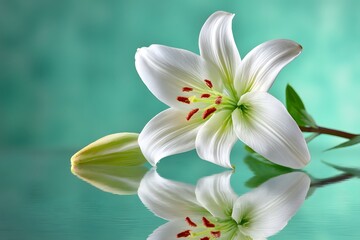 Obraz premium A white lily with a mint green background 