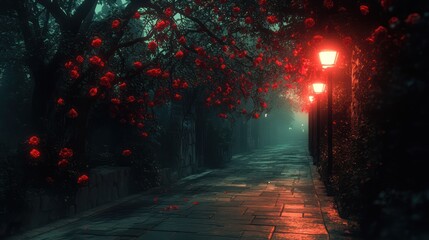 Eerie pathway illuminated by lamplight and adorned with vibrant red roses in full bloom