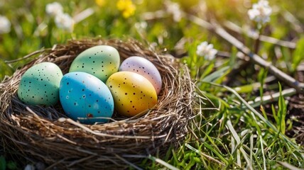 Obraz premium Colorful painted easter eggs rest in a natural grass nest, a symbol of the spring holiday celebration