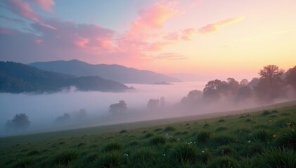 Obraz premium Soft white fog gently settles over a serene landscape at dawn, nature, scenery