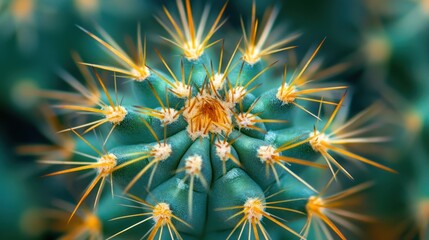 Intricate details of a vibrant turquoise cactus with prominent golden spikes