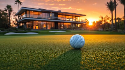 A white golf ball rests on a manicured putting green with a modern clubhouse in the background illuminated by the warm glow of a setting sun.