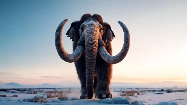 A majestic woolly mammoth stands in a snowy landscape at sunset. Its massive tusks curve downwards, and its long fur is visible. The serene scene evokes a sense of prehistoric wonder.