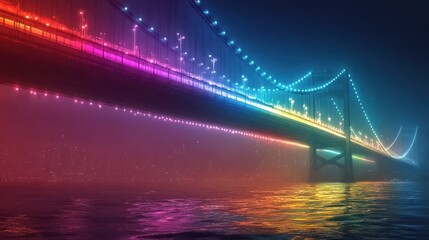 Fototapeta premium Spectacular suspension bridge illuminated with vibrant neon colors at twilight