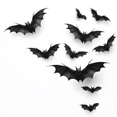 Naklejka premium A minimalistic Halloween banner layout with realistic black bats flying across a clean white space, modern flat style with realistic shading 