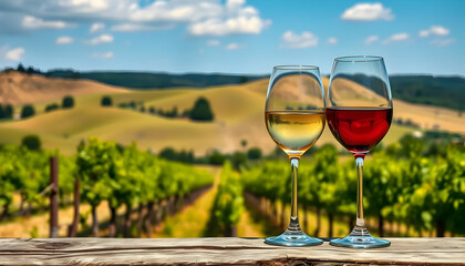 Glasses Of White And Red Wine In Vineyards With Rolling Hills Under Clear Blue Sky