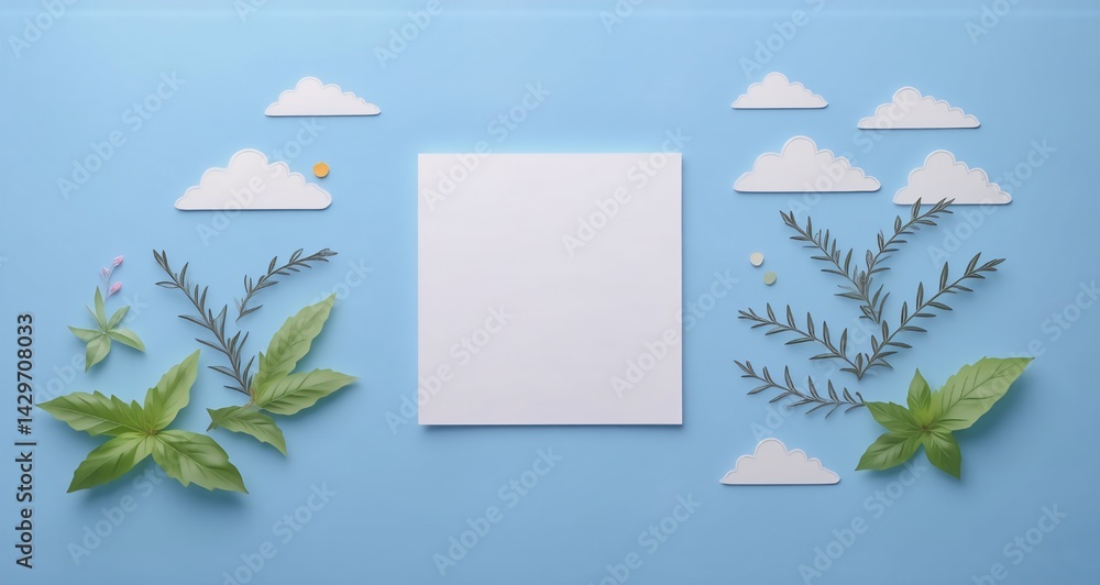 Poster A flat lay scene with a blank white square in the center, surrounded by nature elements and clouds on a light blue background, giving it a creative design feel.
