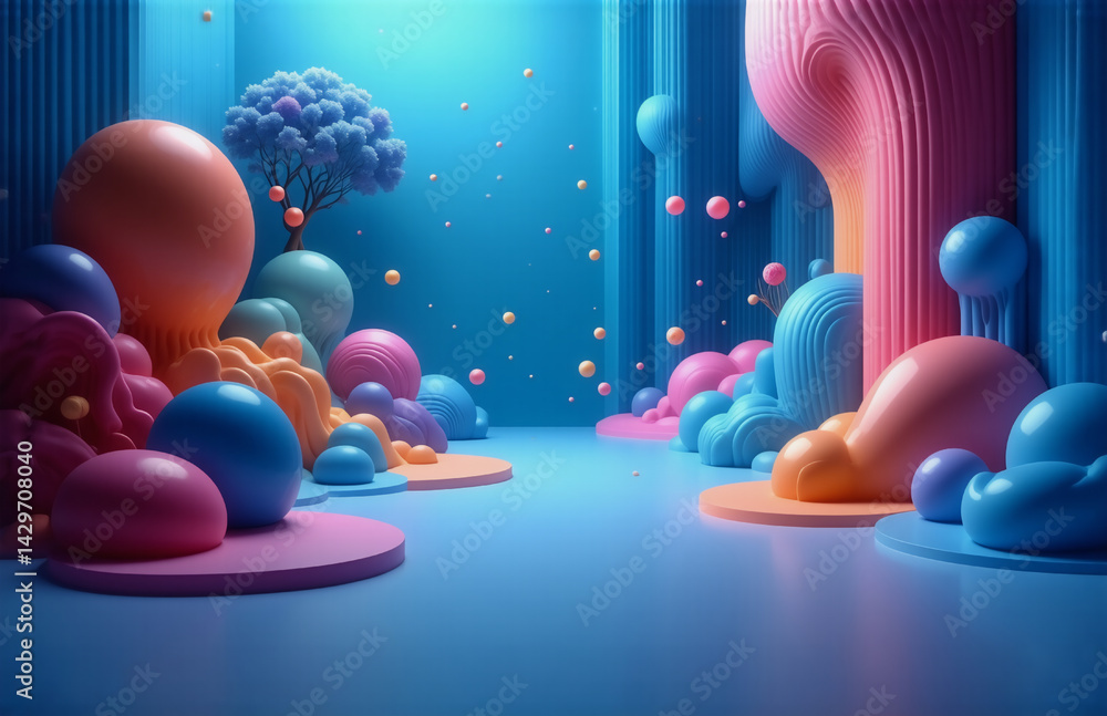 Poster whimsical 3d scene with colorful abstract shapes, spheres, and blob-like forms in blue gradient back