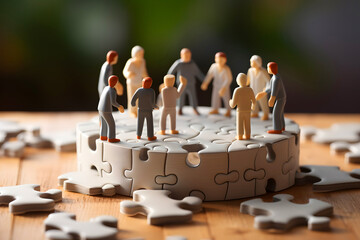 Concept of teamwork and problem-solving with miniature figures on puzzle pieces in a creative workspace setting
