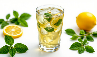 Fototapeta premium Refreshing Lemonade with Fresh Mint Leaves and Ice in a Glass on a Bright White Background