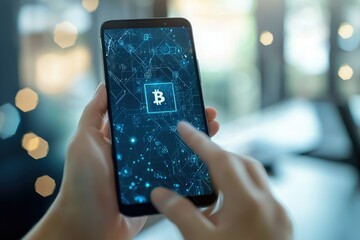 Person using a smartphone displaying a Bitcoin symbol on a digital circuit board background.