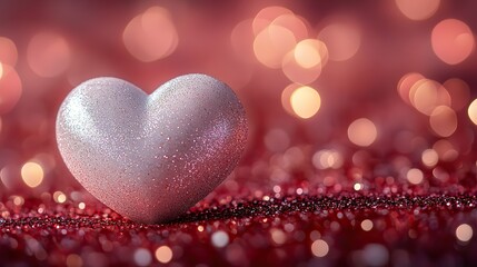 Fototapeta premium A white heart rests on a sparkly pink glitter background with shimmering bokeh, evoking love and romance for Valentine's Day or anniversaries.