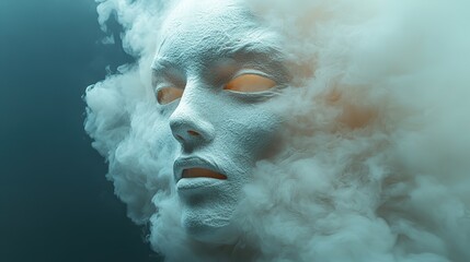 A white mask exploding into pieces while screaming represents mental health issues like stress, burnout, migraine, dementia, and information overload on a white background with copy space.