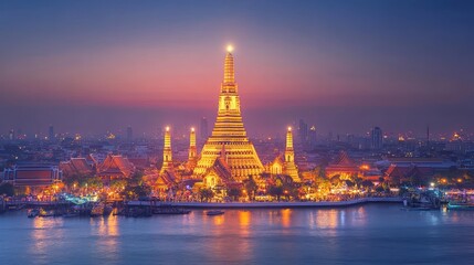 Naklejka premium Iconic Wat Arun Temple at Dusk, Chao Phraya River Bangkok, Thailand
