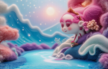 A serene cartoon scene with a creature by water, surrounded by whimsical landscape of mountains, clouds, and coral-like structures in pink and blue. A gentle sun shines.