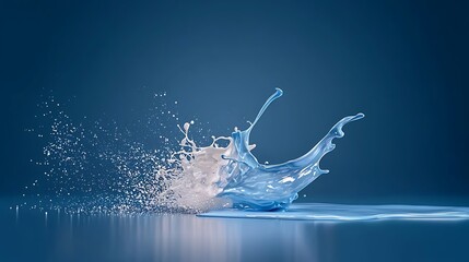 Splashing liquid on a blue reflective surface creates dynamic, artistic formations