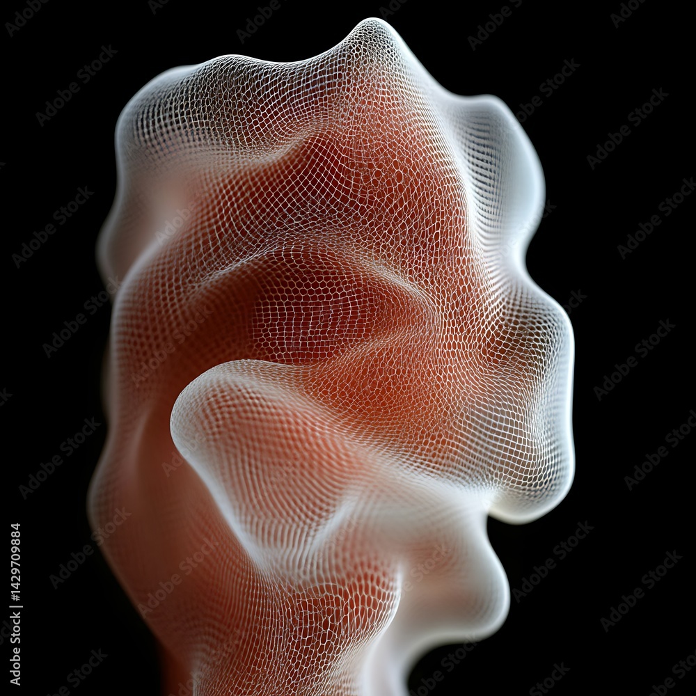 Poster abstract organic form, a swirling, textured, 3d mesh. soft, flowing curves and intricate details cre