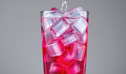 Refreshing Pink Beverage with Ice Cubes Splashing in Glass Against Gray Background