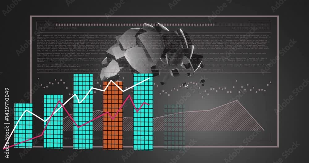Poster digital data visualization chart displaying pixel bars and line graphs in flat design interface