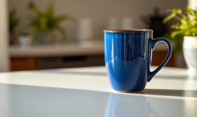 Fototapeta premium Blue ceramic coffee mug on bright kitchen countertop with sunlight casting soft shadows and plants in background