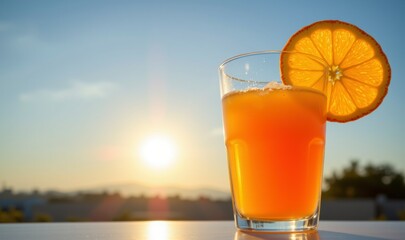 Refreshing Orange Drink with Ice on a Sunset Background and a Slice of Orange on the Glass Rim