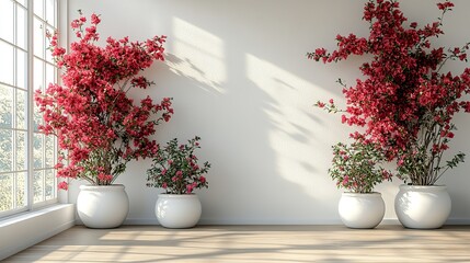 Fototapeta premium A white wall offers design mockup space, complemented by bougainvillea in white pots on a light wooden floor, creating a serene, stylish atmosphere.