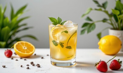 Fototapeta premium Refreshing Citrus Drink with Lemon, Mint, and Strawberries Perfect for Summer Relaxation and Enjoyment