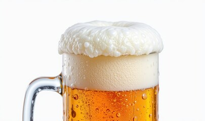 Refreshing Beer with Creamy Foam on Top in a Clear Glass Mug Against a White Background