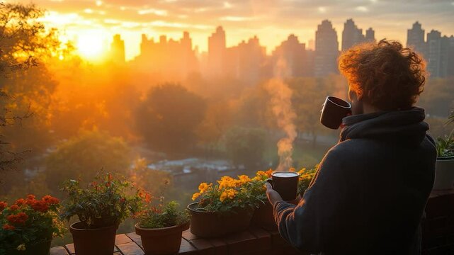 Person contemplating sunrise over cityscape
