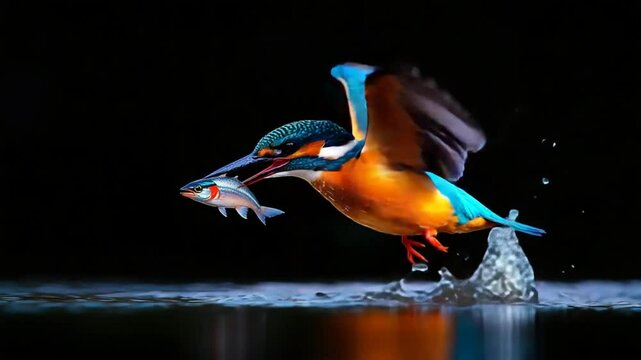 Vibrant Kingfisher Catching Fish in Dramatic Flight