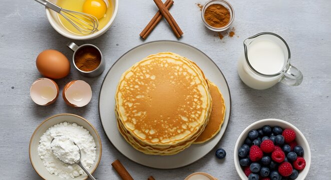 Pancake stack with fresh berries, milk, and eggs, a delightful homemade breakfast on a grey surface in natural light. Ready to serve.