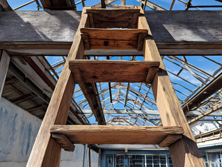 Increase Job Site Safety by Using Temporary Wooden Ladders Properly Leaning against Steel Framework Supports