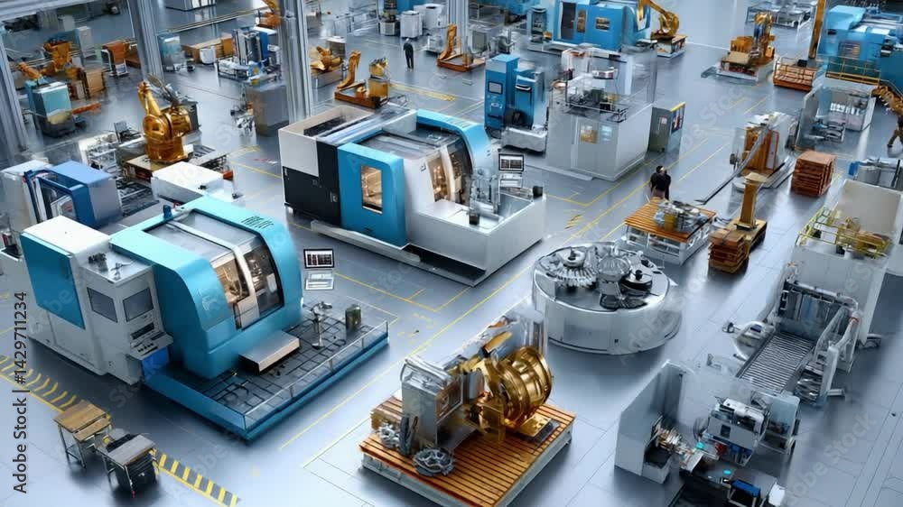 Poster robotics assembly line: a high-angle shot of a modern, state-of-the-art factory floor, showcasing au