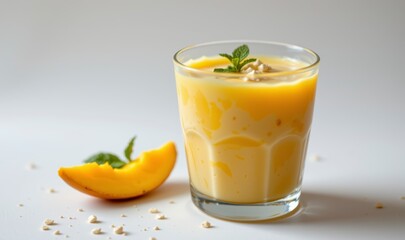 Creamy Mango Dessert in Glass with Fresh Mint and Nuts on White Background for Healthy Lifestyle and Cooking Inspiration