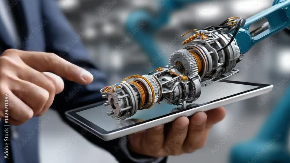 Poster tech control: a person in a dark suit meticulously uses a digital tablet to command a robotic arm, h