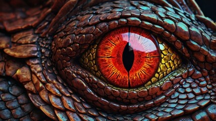 Fototapeta premium A colorful, close-up art design reveals the eye and scale pattern of a red dragon's face, sharp eye, Generative AI