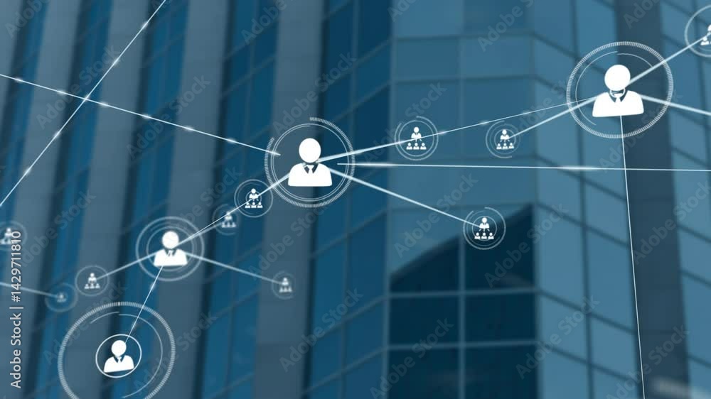 Poster corporate network being visualized on highrise facade, displaying connecting nodes with tie icons