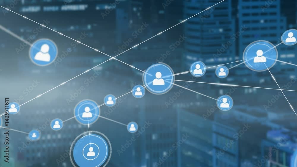Poster digital network overlaying skyline spanning user-avatars, connecting blue icons with glowing lines
