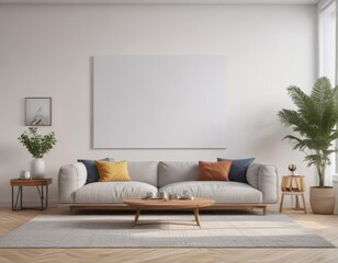 Fototapeta premium Contemporary living room, poster mockup, wood clips, white backdrop, wood, decor, photo