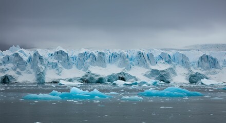 青氷とグレーの空に包まれた南極の氷河