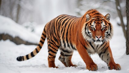 Obraz premium Siberian Tiger Walking in Snowy Wilderness – Majestic Winter Predator
